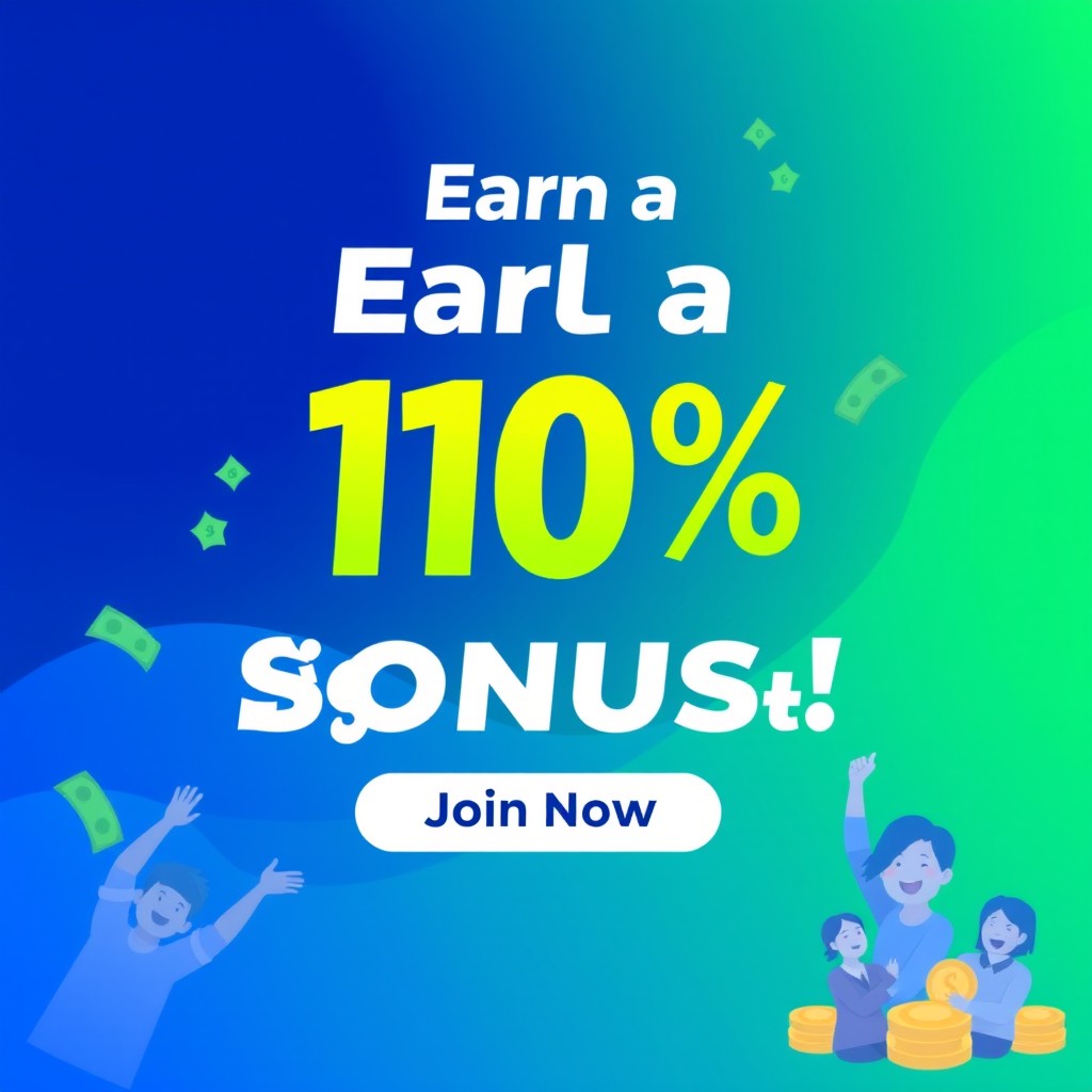 A visually striking promotional image for a financial services company, highlighting a 110% sign-up bonus