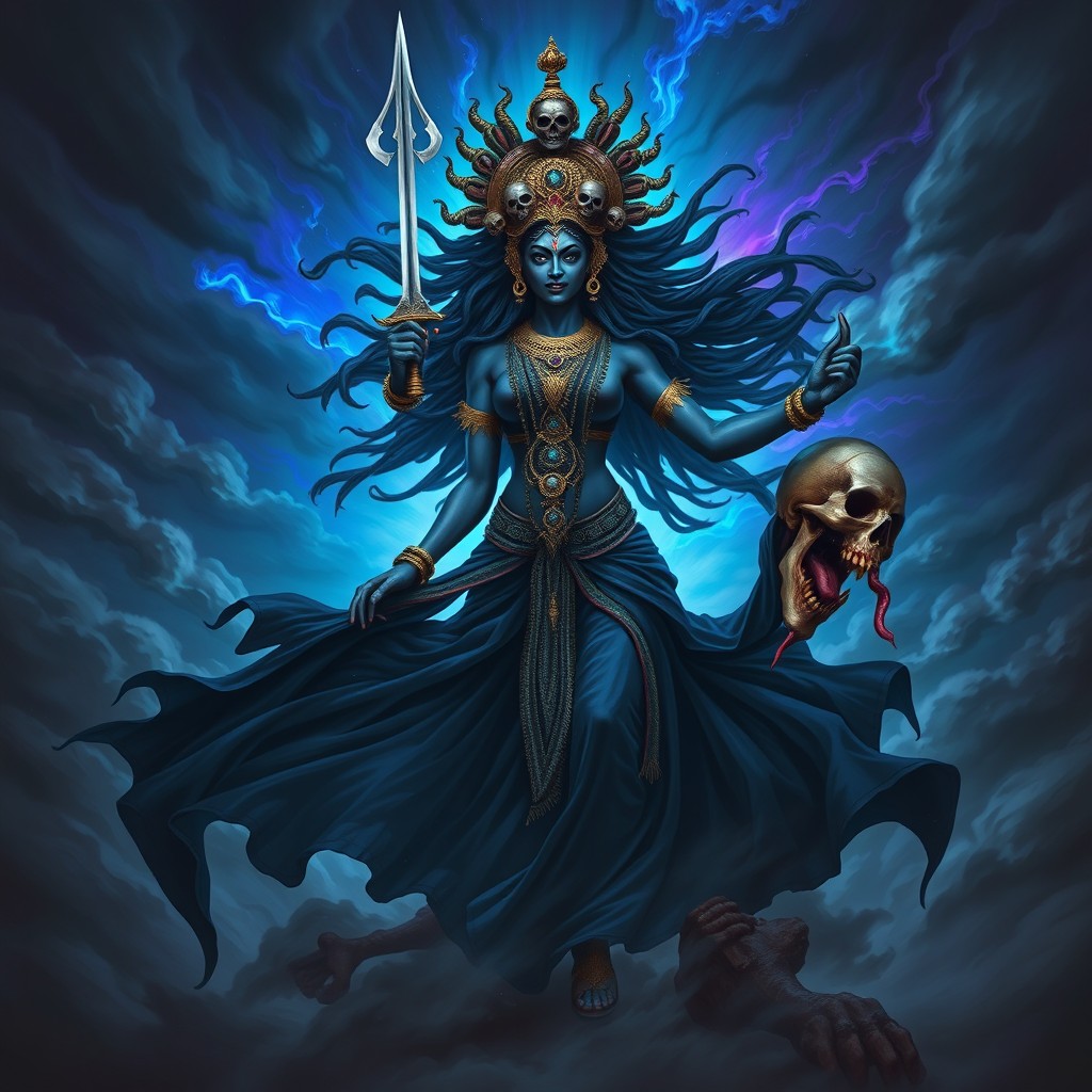 A powerful and fierce depiction of Kali Ratri, the dark goddess from Hindu mythology, standing tall amidst a swirling storm of shadows