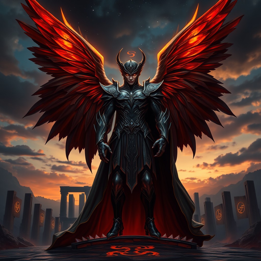 A powerful and charismatic figure representing Lord Lucifer, depicted with grand and majestic wings, adorned in dark, elegant armor, and a flowing cloak that seems to flicker with flames