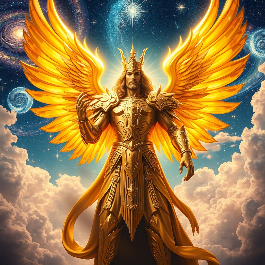 A powerful and majestic figure representing Lord Lucifer, depicted as a brilliant and charismatic being of light, adorned in resplendent golden armor that glimmers with heavenly radiance