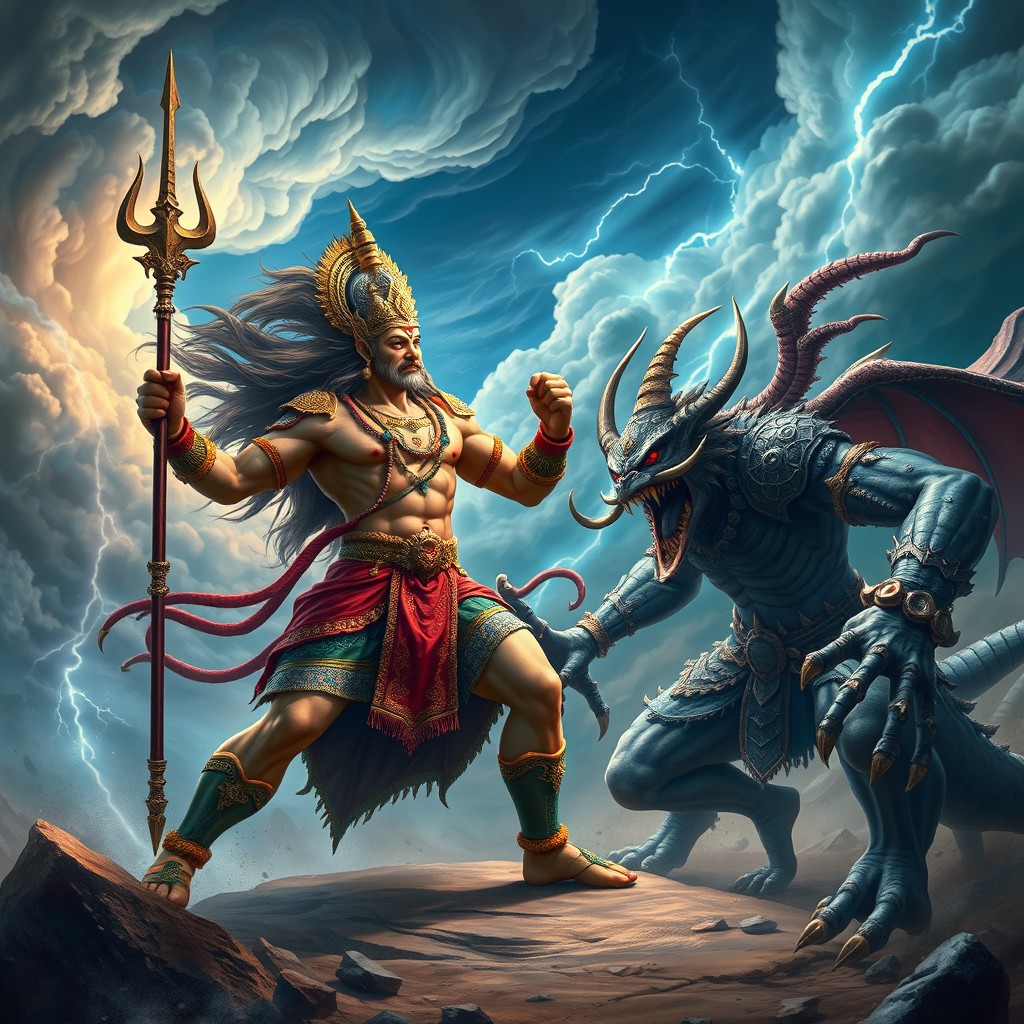 An epic battle scene between Lord Veerabhadra, a fierce, muscular warrior adorned in divine armor and wielding a massive trident, facing off against Nivatakavacha, a formidable demon with intricate, spiked armor and a terrifying expression