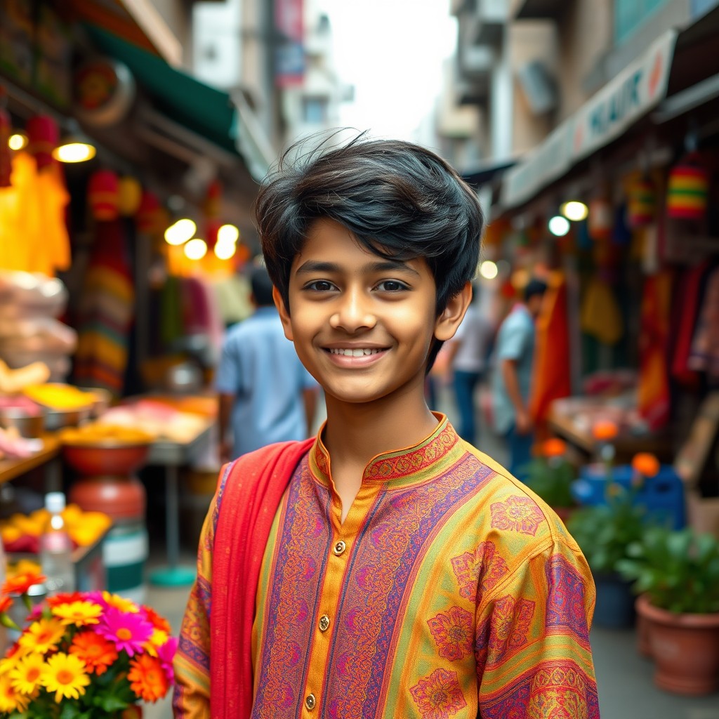 A vibrant and colorful portrait of a young Indian teenager standing in an urban setting