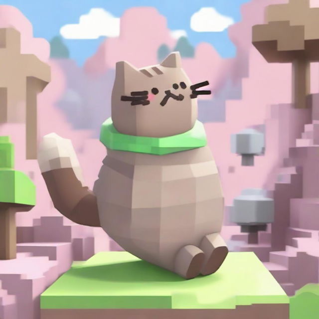 A playful scene featuring Pusheen the cat joyously riding on top of a Sniffer from Minecraft. Pusheen looks pleased and Sniffer seems surprised yet amused in a charmingly pixelated Minecraft world.