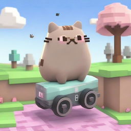 A playful scene featuring Pusheen the cat joyously riding on top of a Sniffer from Minecraft. Pusheen looks pleased and Sniffer seems surprised yet amused in a charmingly pixelated Minecraft world.