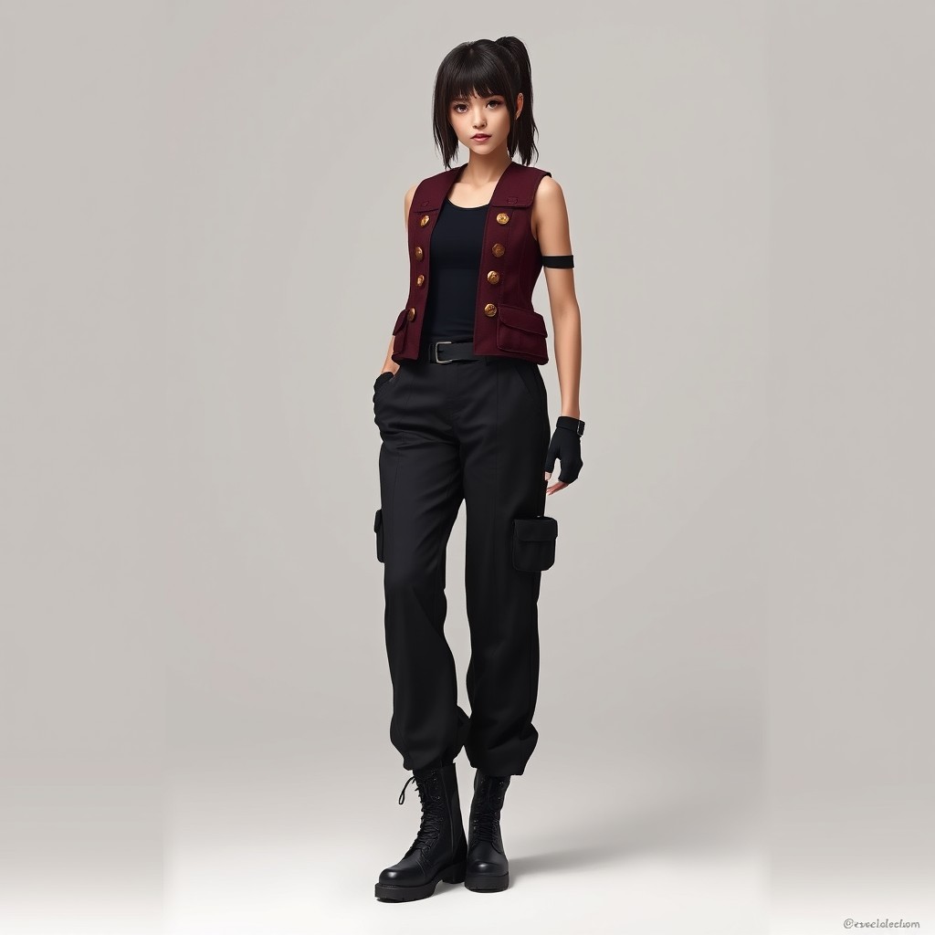 A realistic depiction of a women's outfit featuring wide black military-style pants, black combat boots, and a basic black tank top