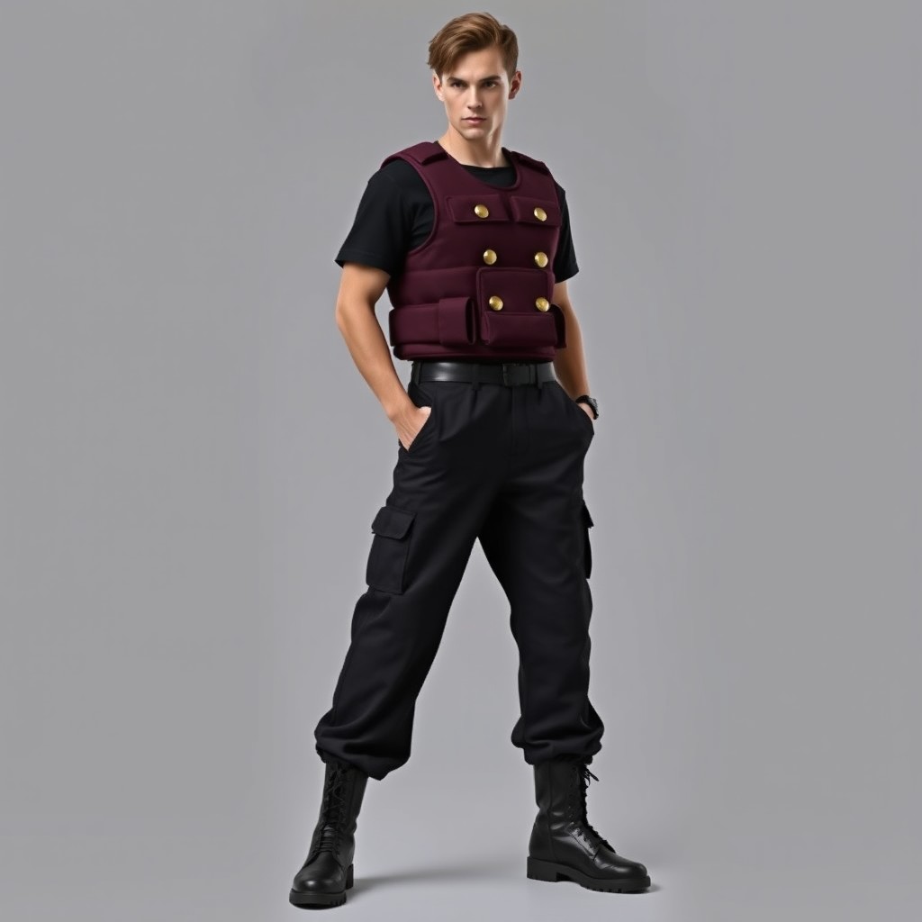 A realistic depiction of a male model wearing an outfit that includes wide black trousers resembling military uniform style, paired with black combat boots