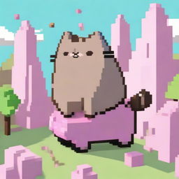 A playful scene featuring Pusheen the cat joyously riding on top of a Sniffer from Minecraft. Pusheen looks pleased and Sniffer seems surprised yet amused in a charmingly pixelated Minecraft world.