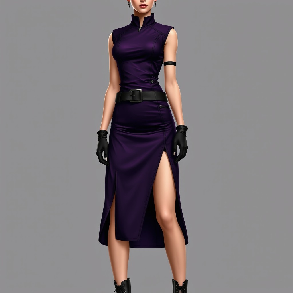 A realistic depiction of a fashion model wearing a stylish dark purple dress that stops at mid-thigh, featuring two high side slits revealing a short black undershort that extends to mid-thigh