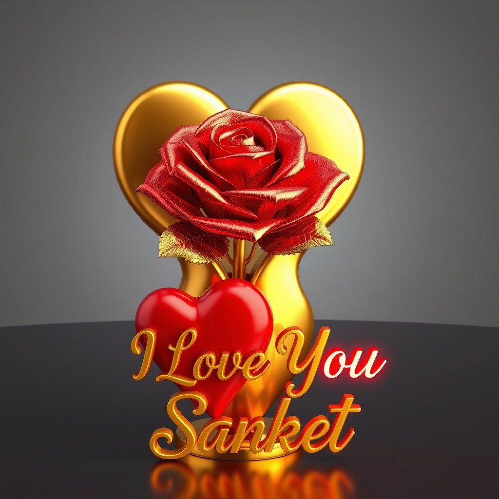 A captivating 3D rendering of an elegant golden heart-shaped vase with a lustrous metallic finish reflecting ambient light beautifully