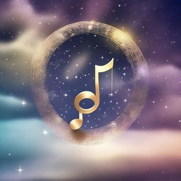 A dreamy, surreal musical note floating in a star-studded sky with soft glow. It's surrounded by abstract sound waves and possesses an ethereal moonlit backdrop.