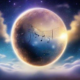 A dreamy, surreal musical note floating in a star-studded sky with soft glow. It's surrounded by abstract sound waves and possesses an ethereal moonlit backdrop.