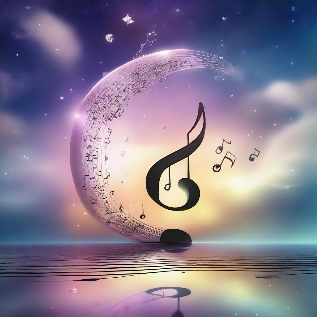 A dreamy, surreal musical note floating in a star-studded sky with soft glow. It's surrounded by abstract sound waves and possesses an ethereal moonlit backdrop.