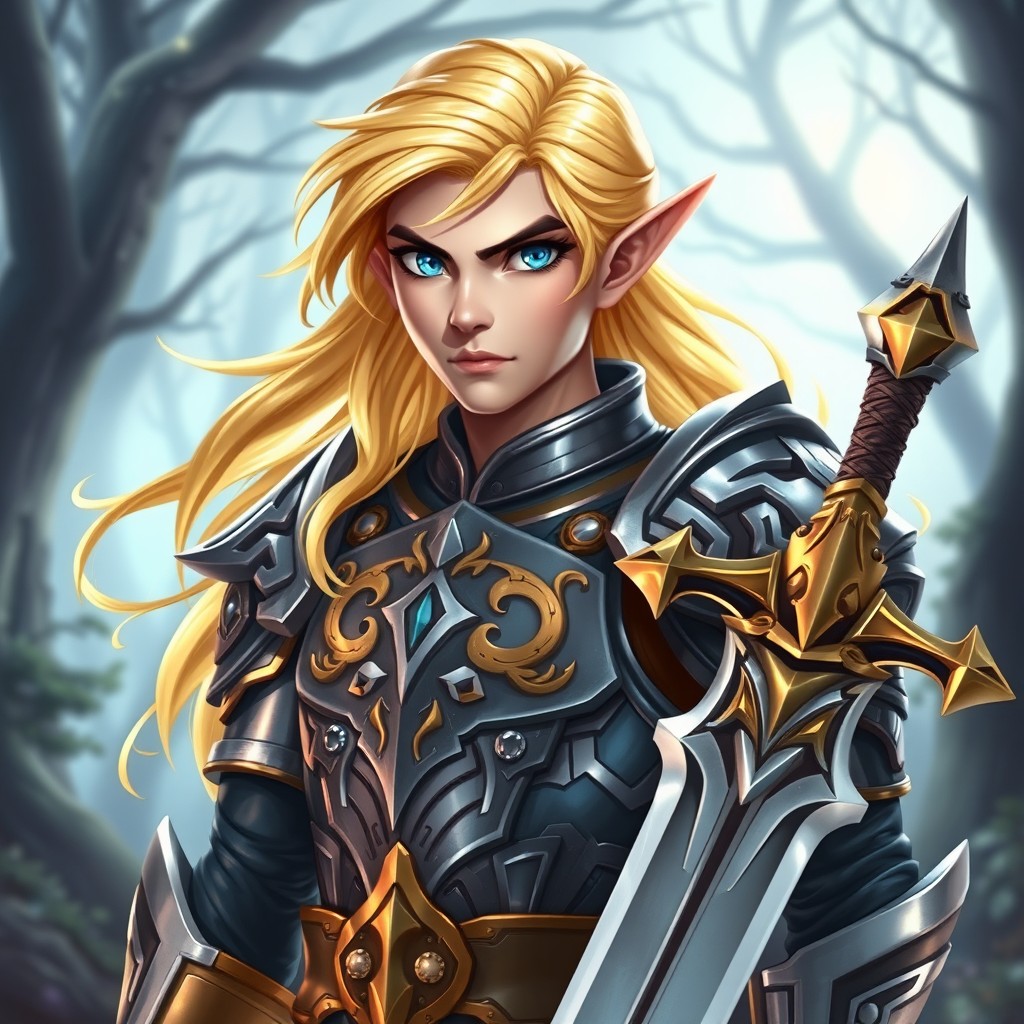 A striking male elf paladin, designed as a game token character