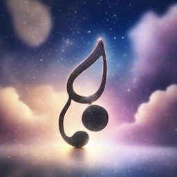 A dreamy, surreal musical note floating in a star-studded sky with soft glow. It's surrounded by abstract sound waves and possesses an ethereal moonlit backdrop.