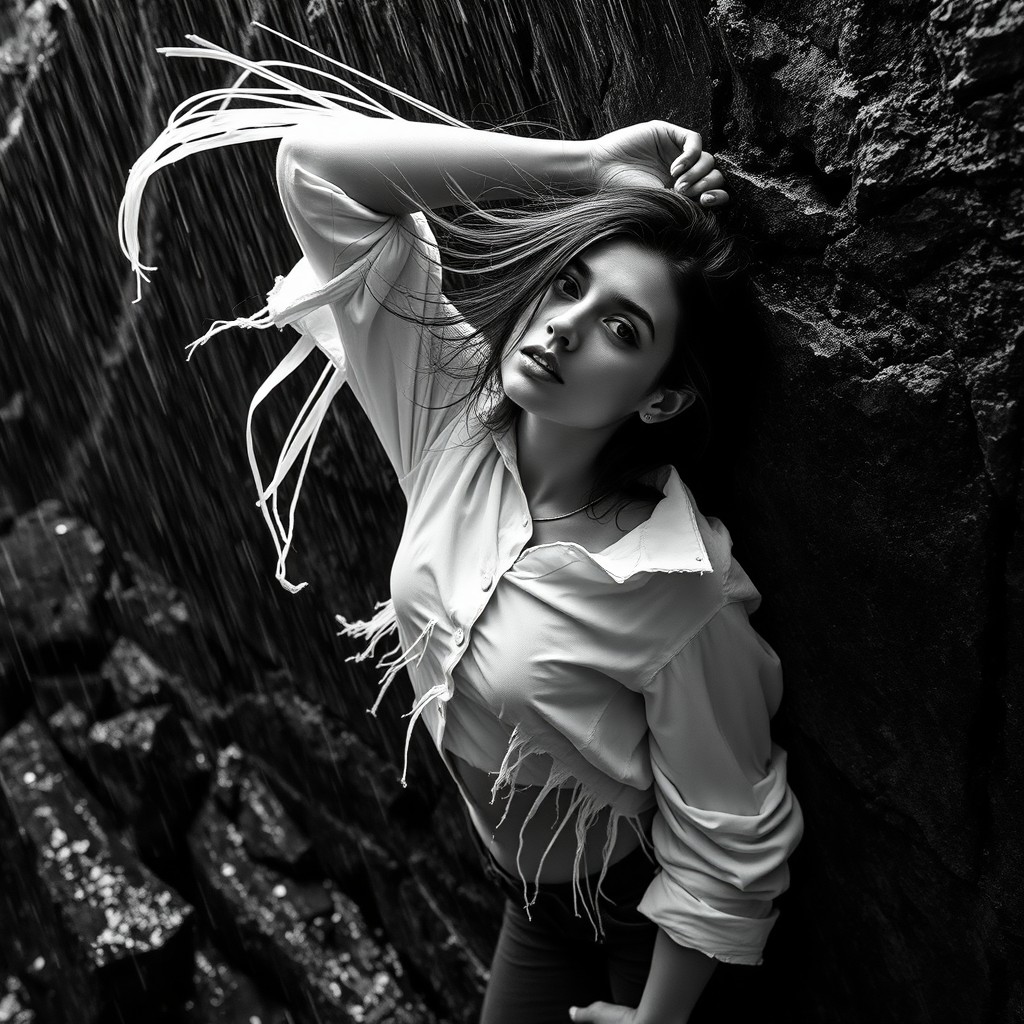 A dramatic black-and-white portrait of a woman leaning against a wet rock wall under heavy rain, captured from a slightly elevated high-angle perspective looking down