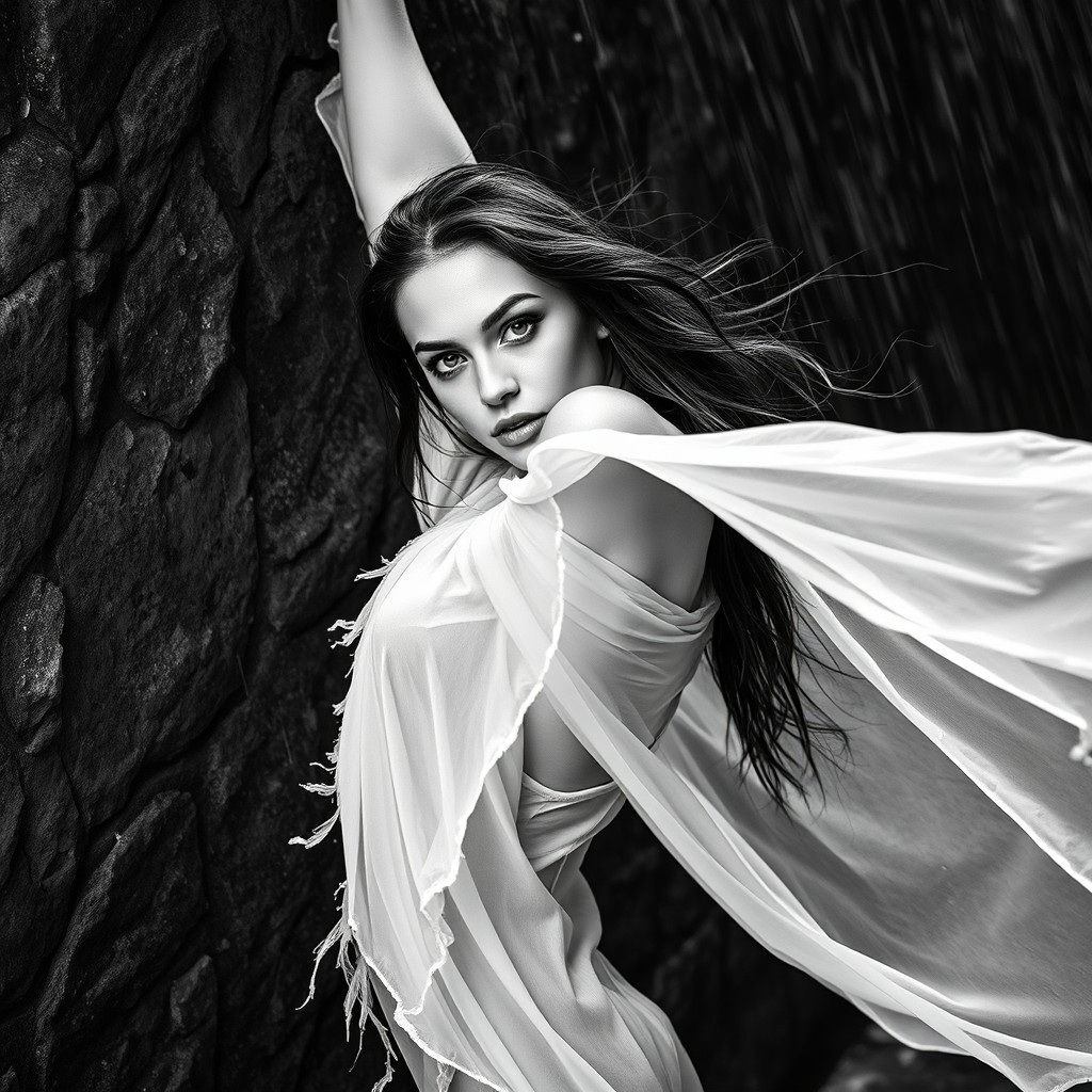 A dramatic black-and-white portrait of a woman leaning against a wet rock wall during heavy rain, captured from a slightly elevated high-angle perspective looking down