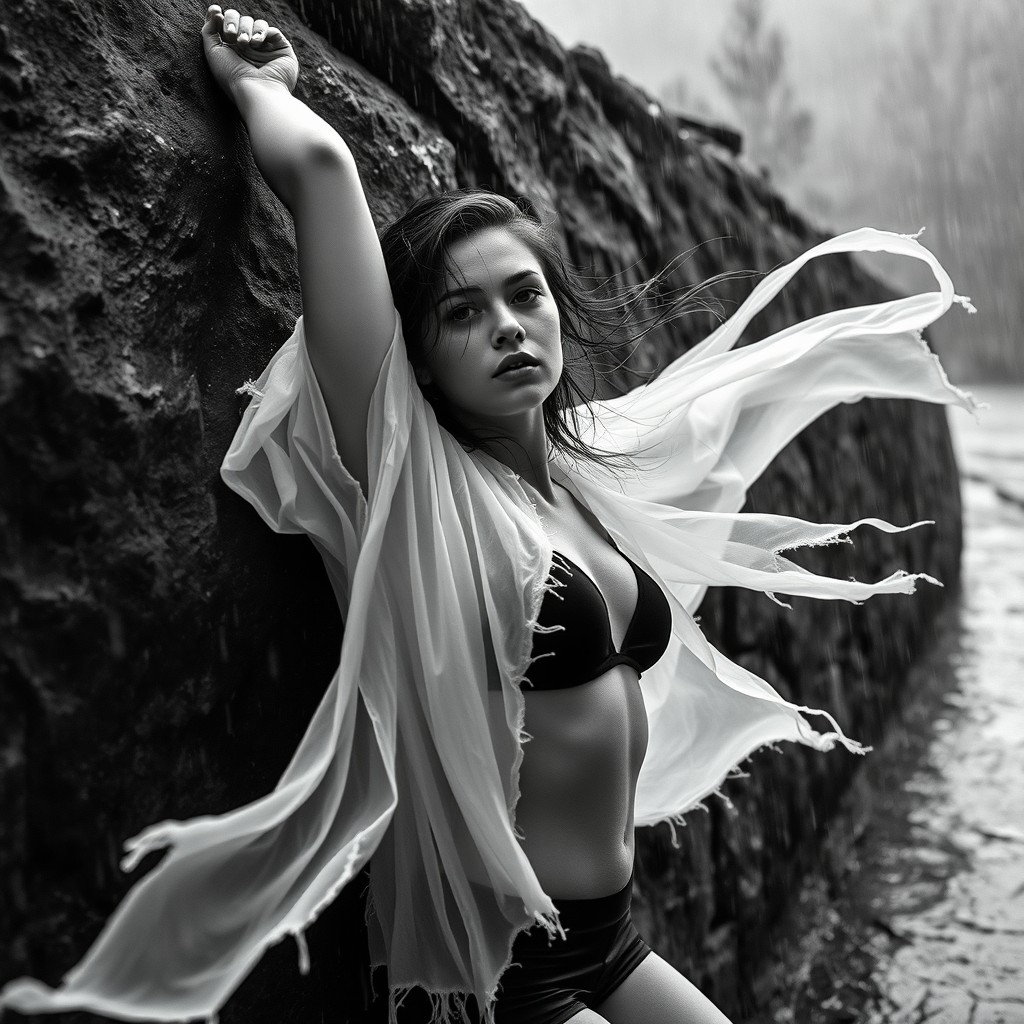 A dramatic black-and-white portrait of a woman leaning against a wet rock wall during heavy rain, captured from a slightly elevated high-angle perspective looking down
