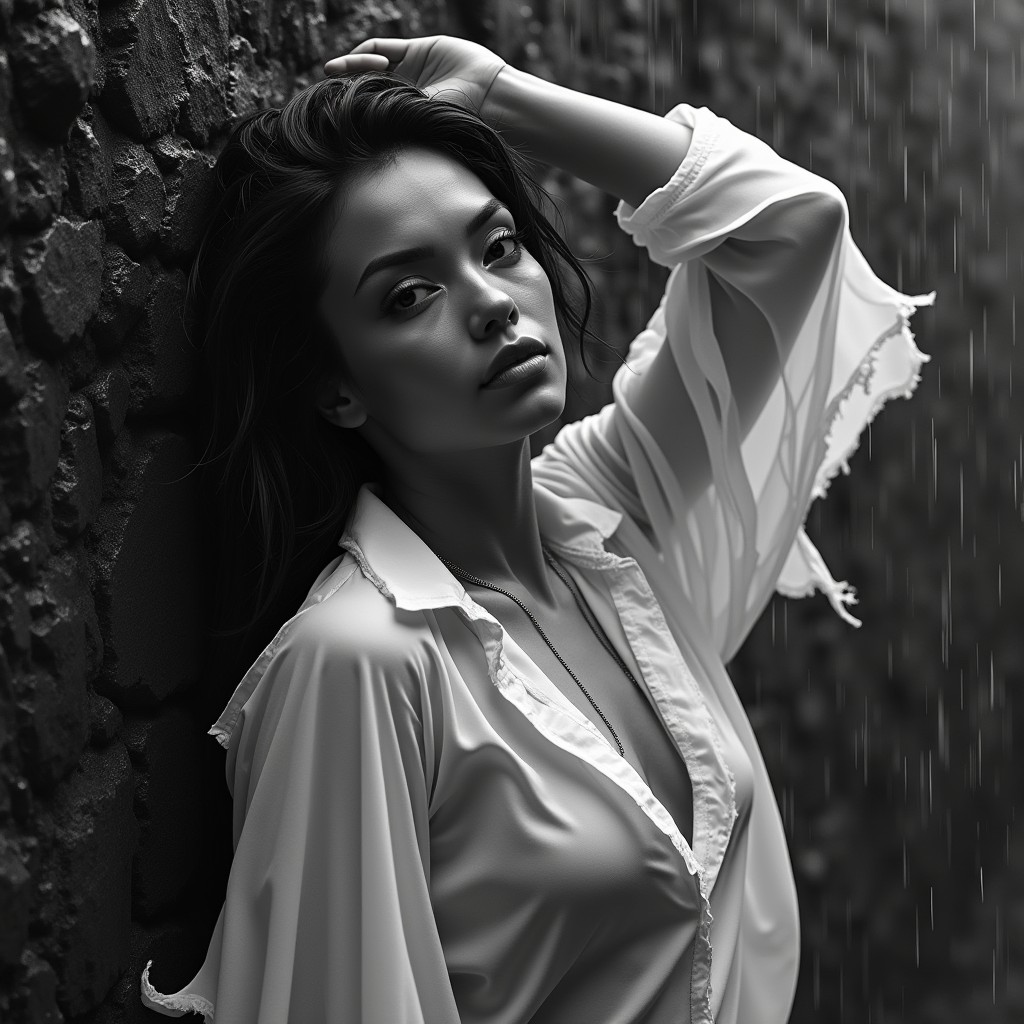 A dramatic black-and-white portrait of a woman leaning against a wet rock wall in heavy rain, captured from a slightly elevated high-angle perspective looking down