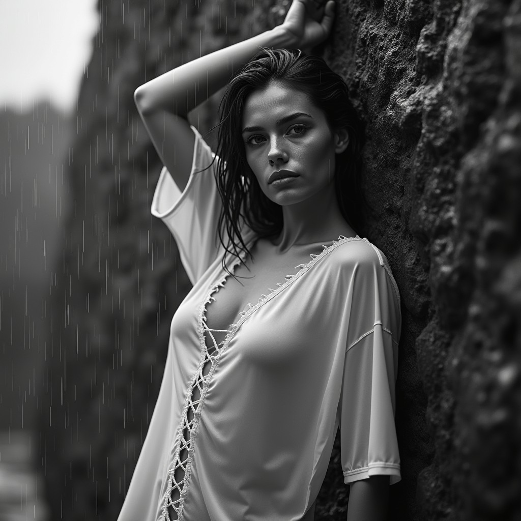 A dramatic black-and-white portrait of a woman leaning against a wet rock wall during a heavy rain, captured from a slightly elevated high-angle perspective looking down