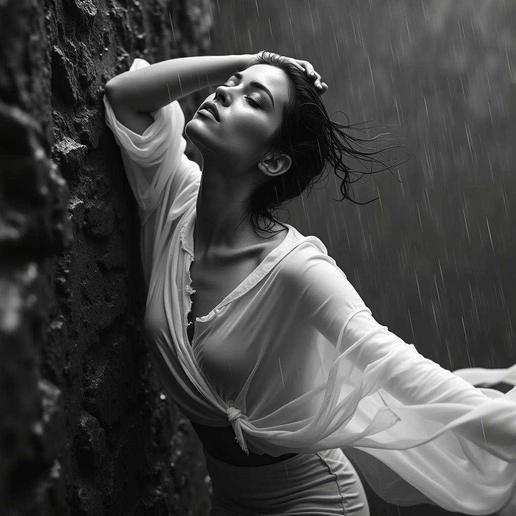 An extremely realistic dramatic black-and-white photograph of a woman leaning against a wet rock wall in heavy rain, captured from a slightly elevated high-angle perspective looking down