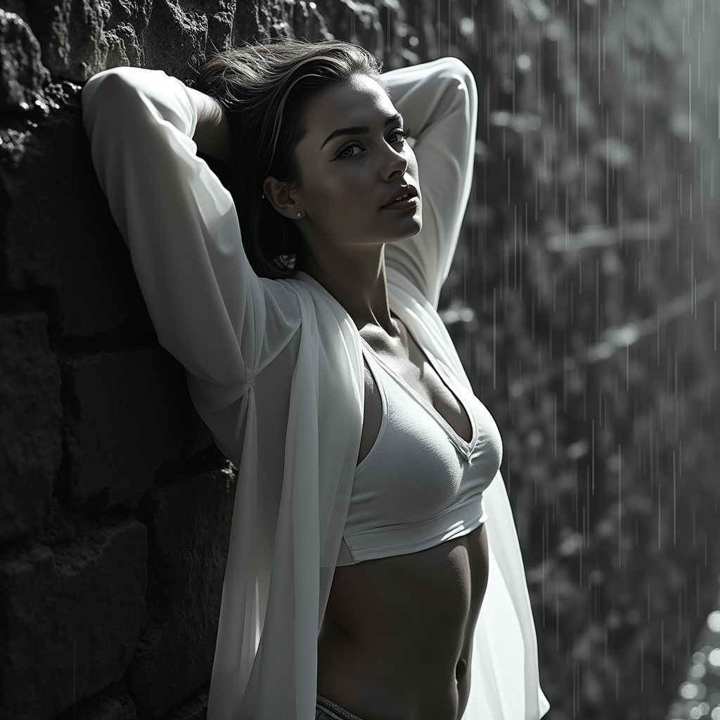 An extremely realistic dramatic black-and-white portrait of a woman leaning against a wet rock wall in heavy rain, captured from a slightly elevated high-angle perspective looking down
