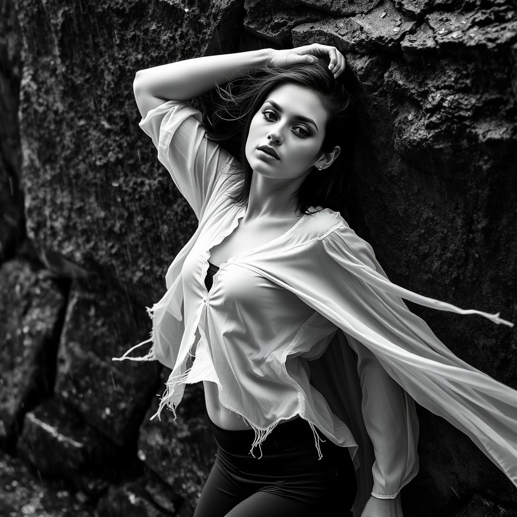 An extremely realistic black-and-white portrait of a woman leaning against a wet rock wall in heavy rain, captured from a slightly elevated high-angle perspective looking down