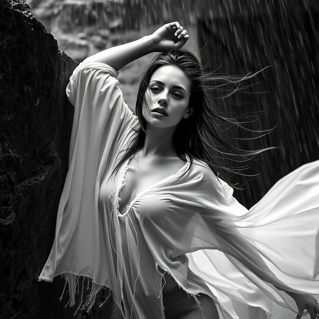 An extremely realistic black-and-white portrait of a woman leaning against a wet rock wall in heavy rain, captured from a slightly elevated high-angle perspective looking down