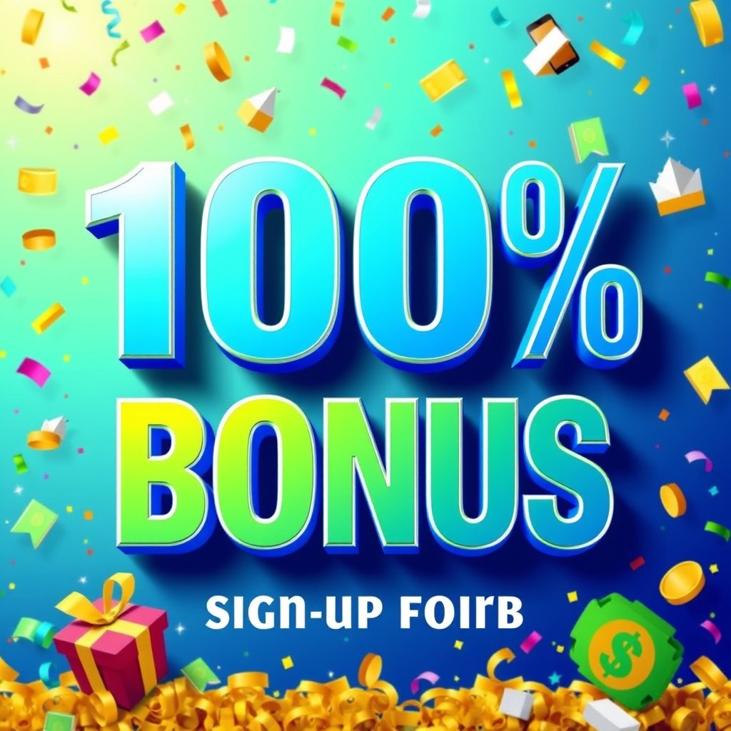 A vibrant, eye-catching promotional graphic for a sign-up bonus, featuring the text '100% Bonus' in large, bold letters