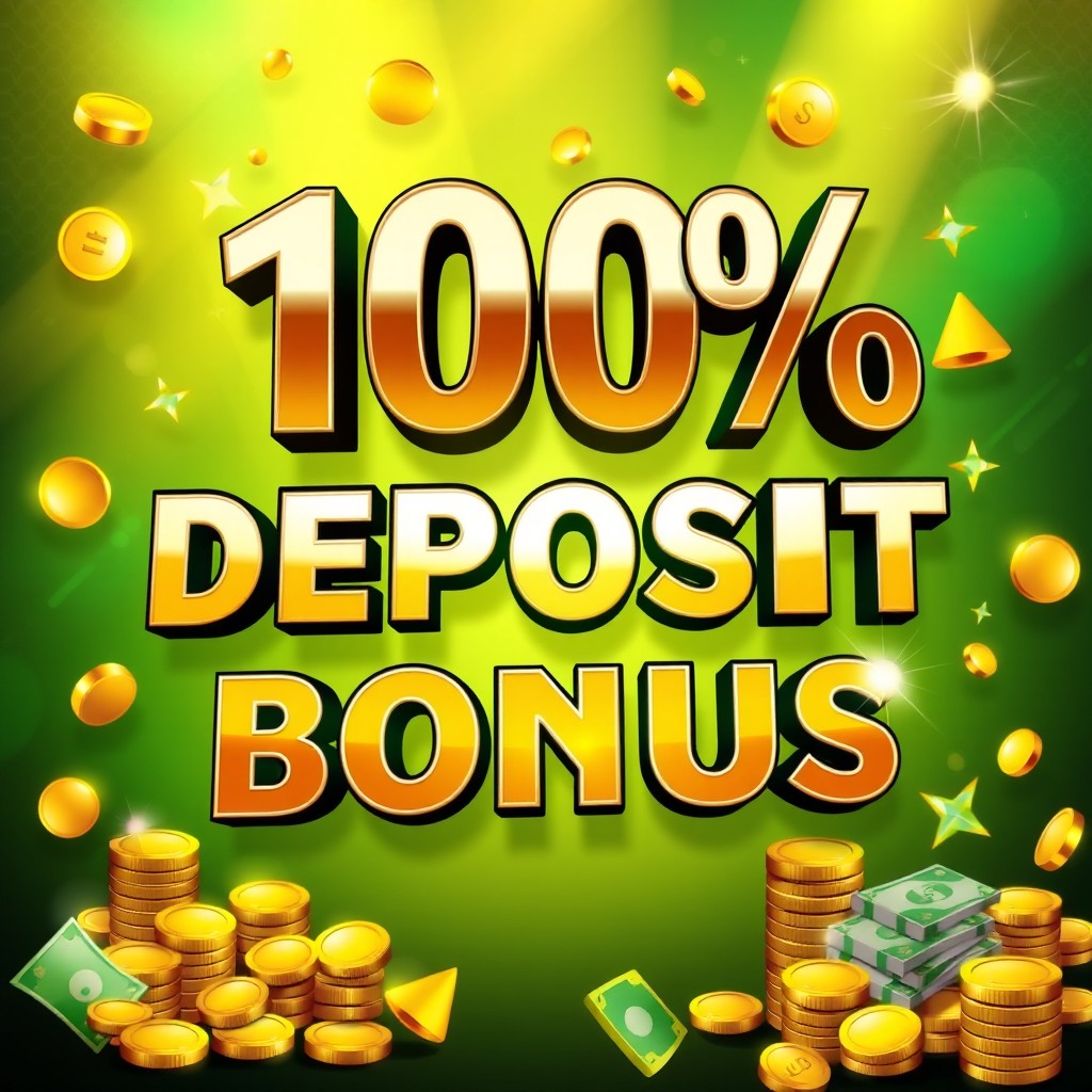 An attractive and dynamic promotional image for a '100% Deposit Bonus', prominently featuring the text '100% Deposit Bonus' in striking, bold fonts