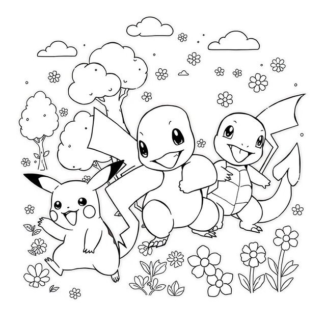 A line art drawing of various Pokémon characters designed for coloring