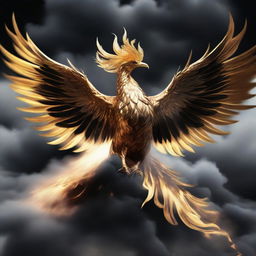 A majestic golden Phoenix in the act of rising from a cloud of black smoke