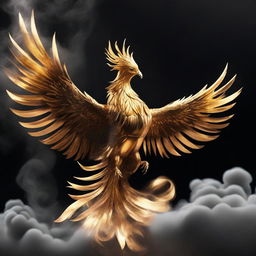 A majestic golden Phoenix in the act of rising from a cloud of black smoke