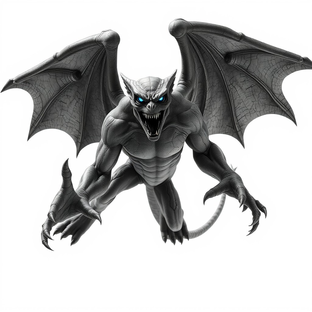 A terrifying stone gargoyle in mid-air attack, centered and fully visible with its entire wingspan displayed from tip to tip