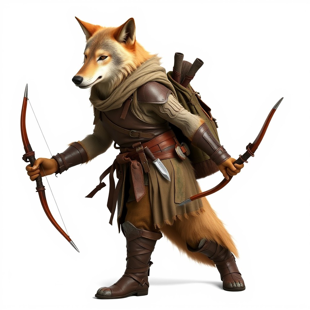 A photorealistic light brown female werewolf dressed in ancient leather armor, complete with leather boots, holding a bow in her right arm