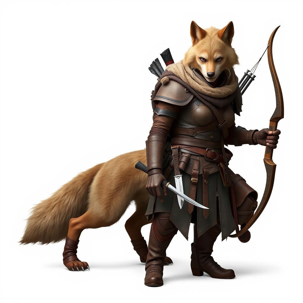 A light brown female werewolf wearing ancient leather armor and stylish leather boots, holding a bow in her right arm