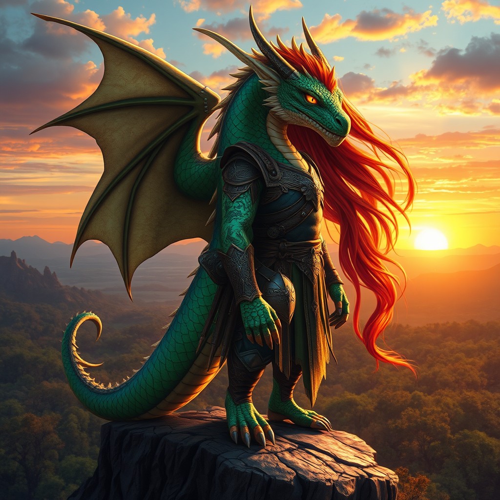 A majestic half-dragon, half-human character standing on a rocky cliff, overlooking a vast enchanted forest