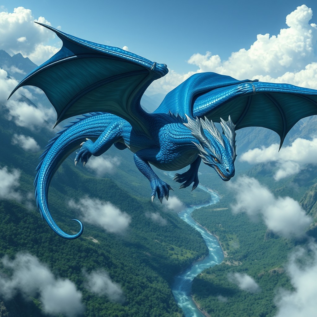 A fierce, majestic dragon soaring high above a mystical landscape