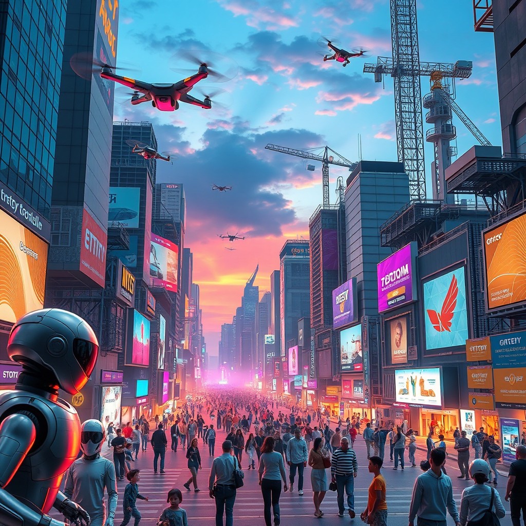 A futuristic cityscape filled with vibrant neon lights and advanced robotic technology, showcasing various sleek robots engaged in everyday activities