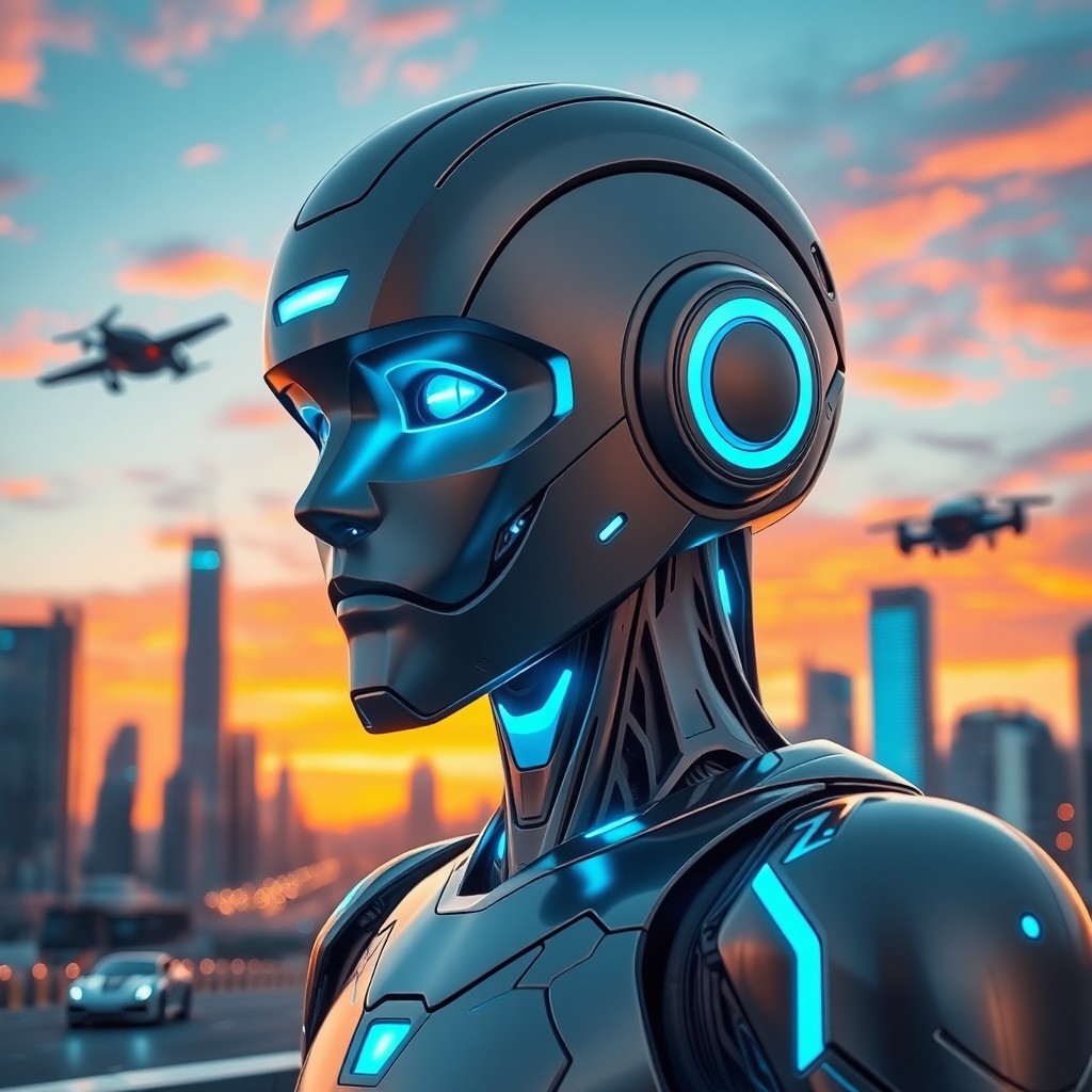 A futuristic robot man, designed with sleek metallic features and glowing blue accents, standing confidently in an urban environment
