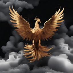 A majestic golden Phoenix in the act of rising from a cloud of black smoke