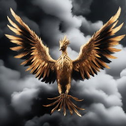 A majestic golden Phoenix in the act of rising from a cloud of black smoke