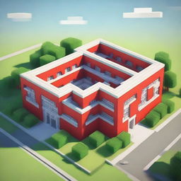 A large, efficiently-built school named 'ELC' in the style of Minecraft. The letters 'ELC' should be in capital letters and stand boldly in bright red.