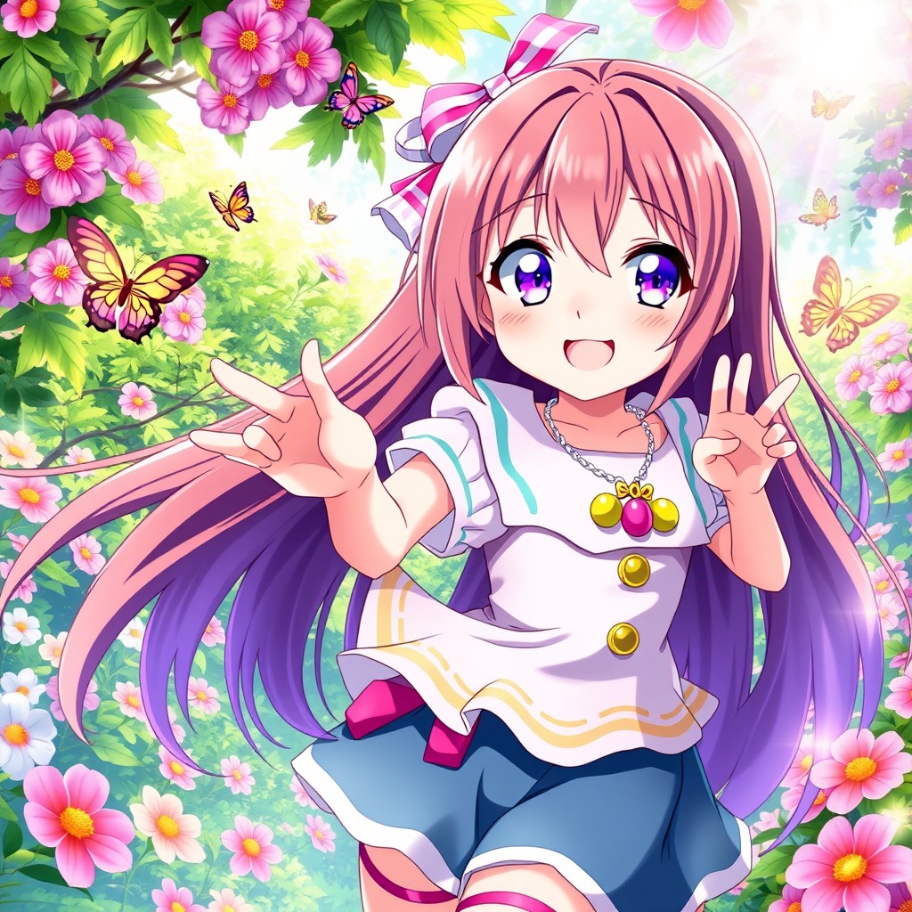 A vibrant, dynamic scene featuring a young anime girl with long, flowing hair and bright, expressive eyes