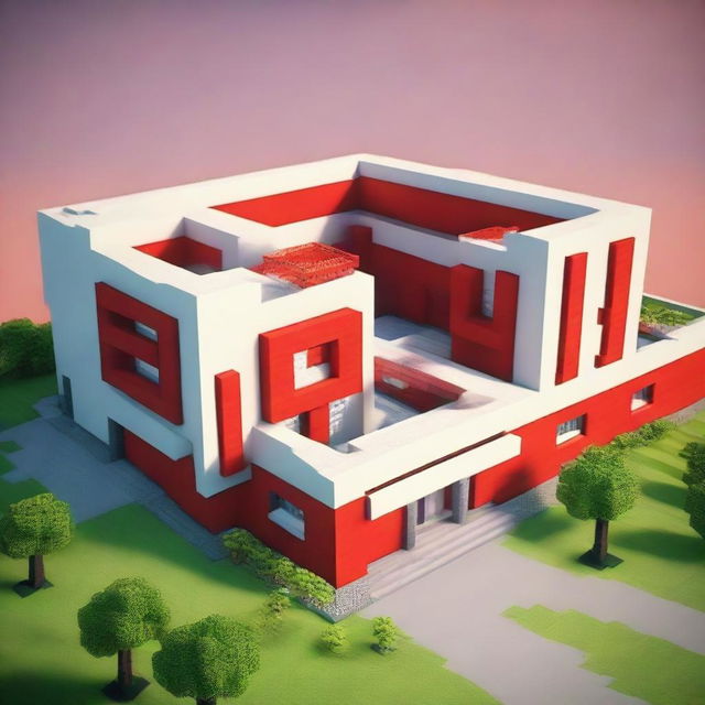 A large, efficiently-built school named 'ELC' in the style of Minecraft. The letters 'ELC' should be in capital letters and stand boldly in bright red.