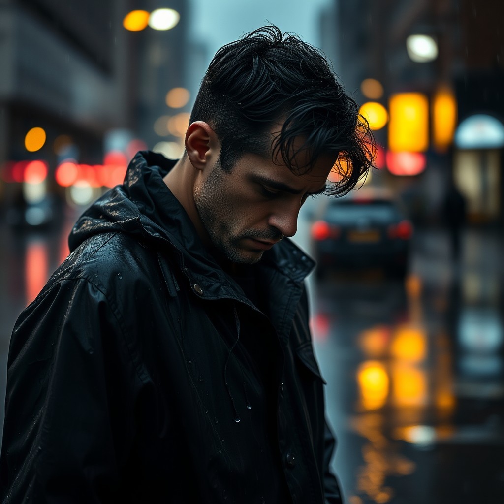 A sad man walking alone in the rain, with droplets splashing around him, wearing a dark raincoat, head down, a somber expression on his face