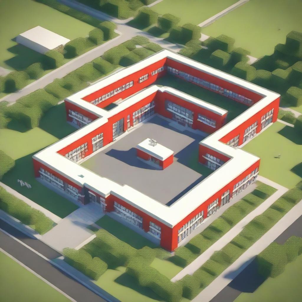 A large, efficiently-built school named 'ELC' in the style of Minecraft. The letters 'ELC' should be in capital letters and stand boldly in bright red.