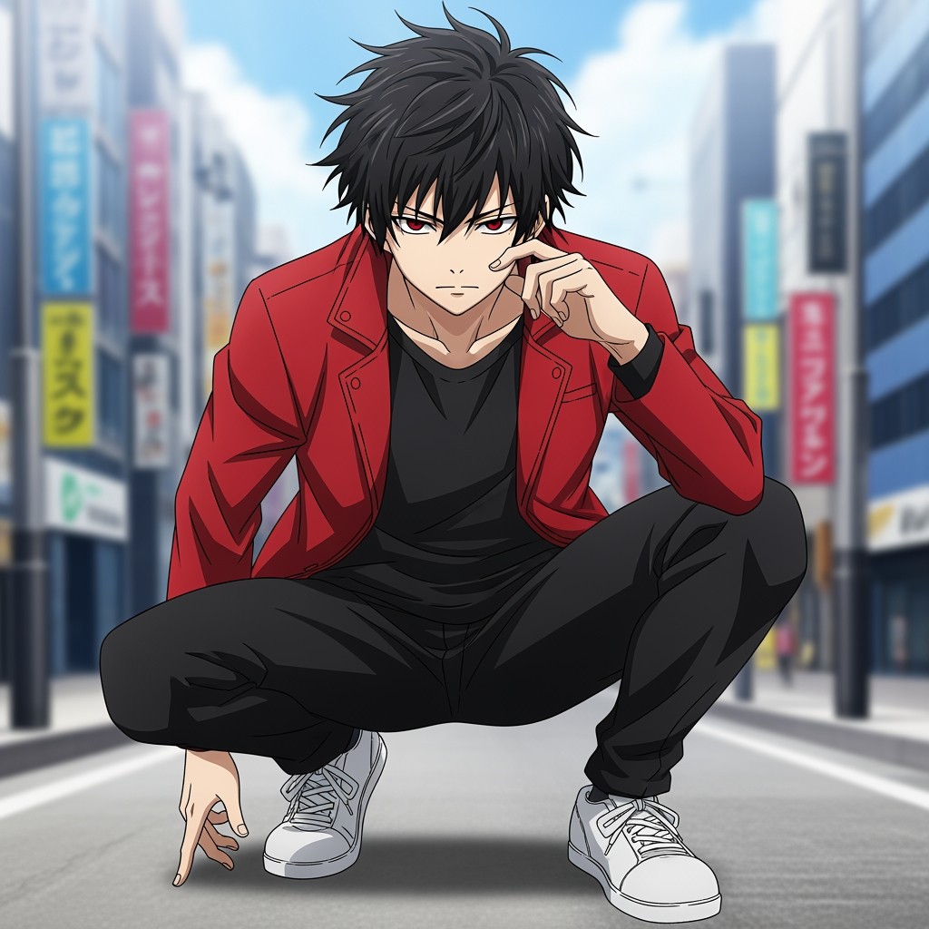 A striking anime male character with messily styled black hair and intense crimson eyes, exuding a cool and stoic vibe