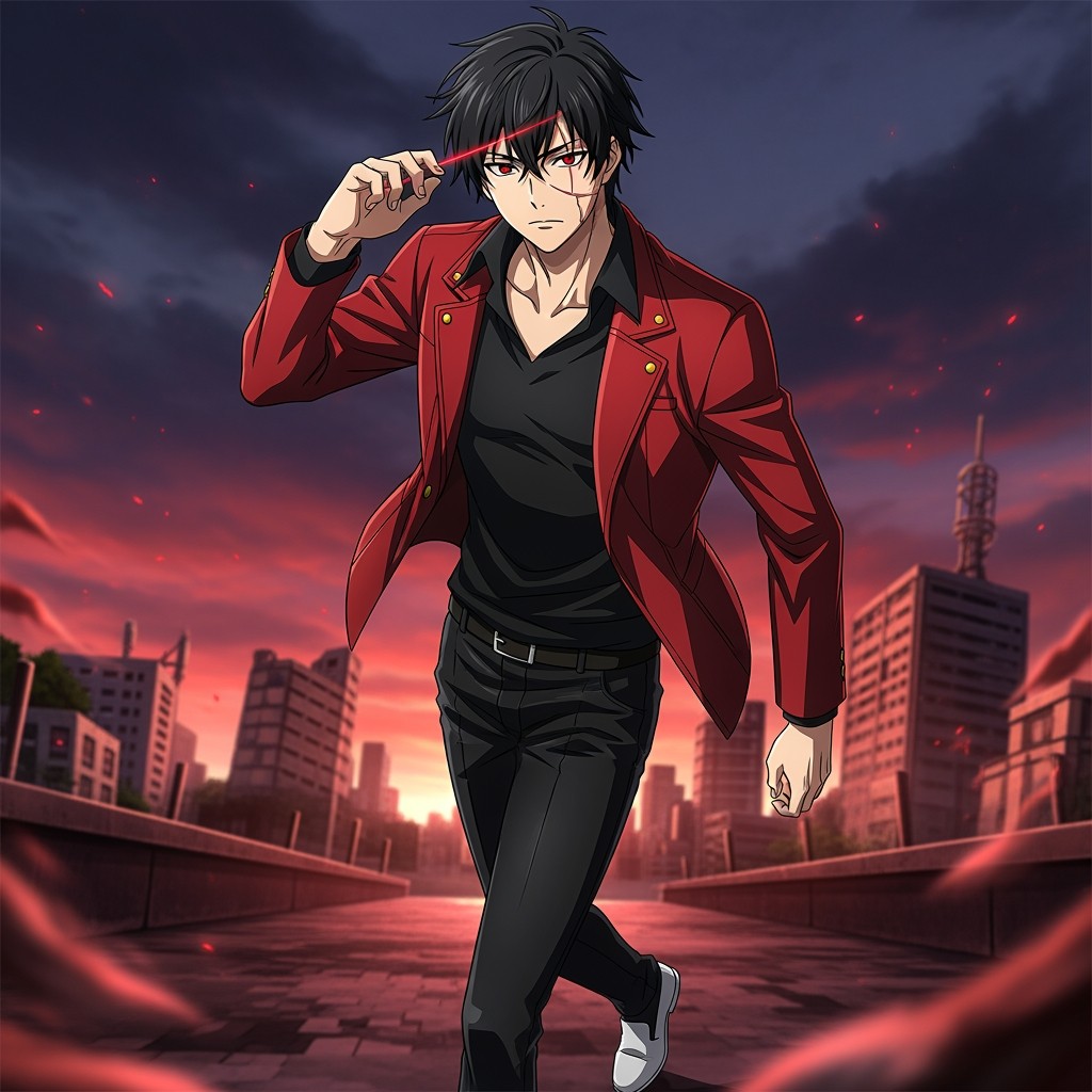 A captivating anime male character in his 20s, featuring messy black hair and piercing crimson eyes, which are accented by a distinctive scar running across one eye, giving him a rugged edge