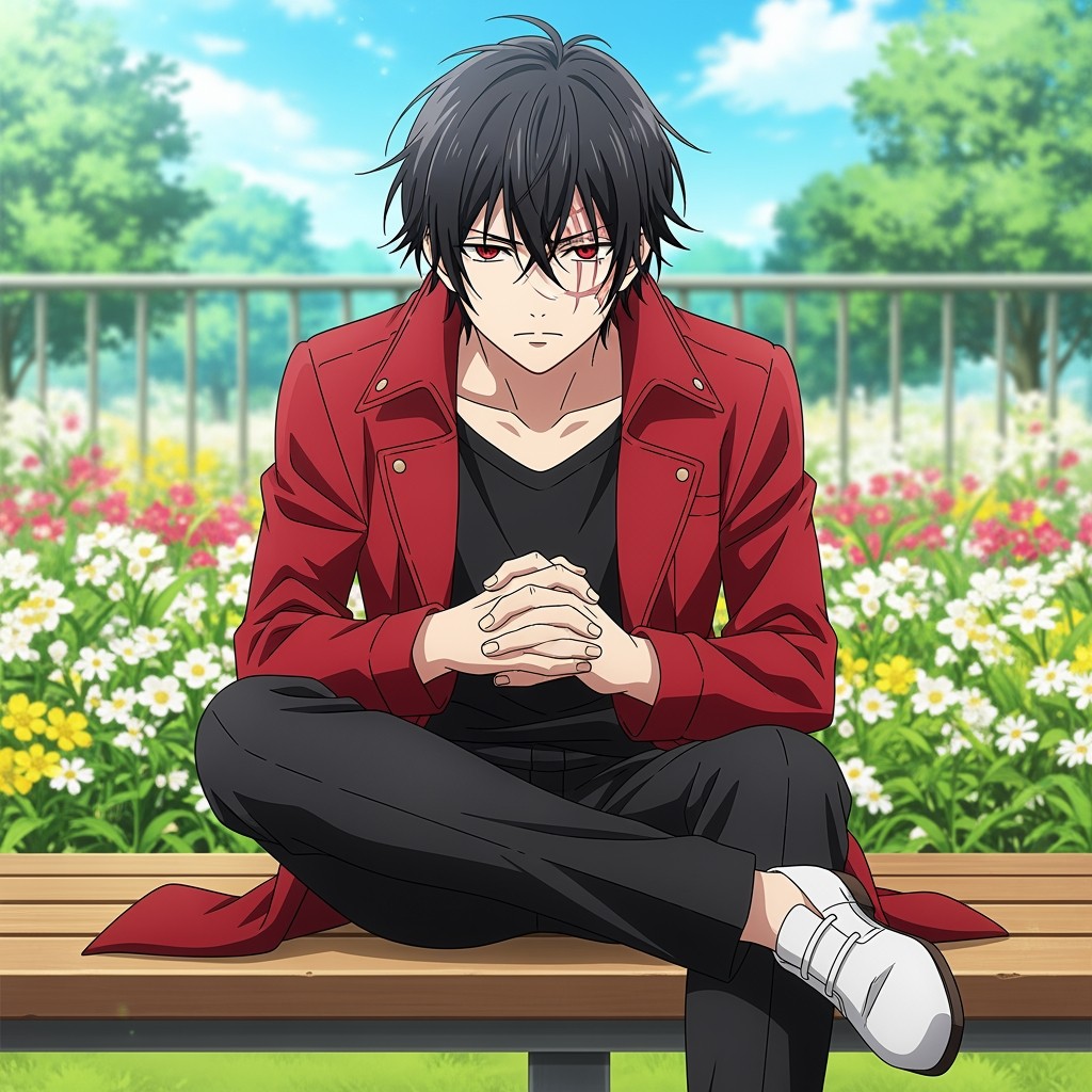 An intriguing anime male character in his 20s, featuring messy black hair and striking crimson eyes, which are highlighted by a noticeable scar across one eye
