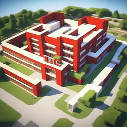 A large, efficiently-built school named 'ELC' in the style of Minecraft. The letters 'ELC' should be in capital letters and stand boldly in bright red.